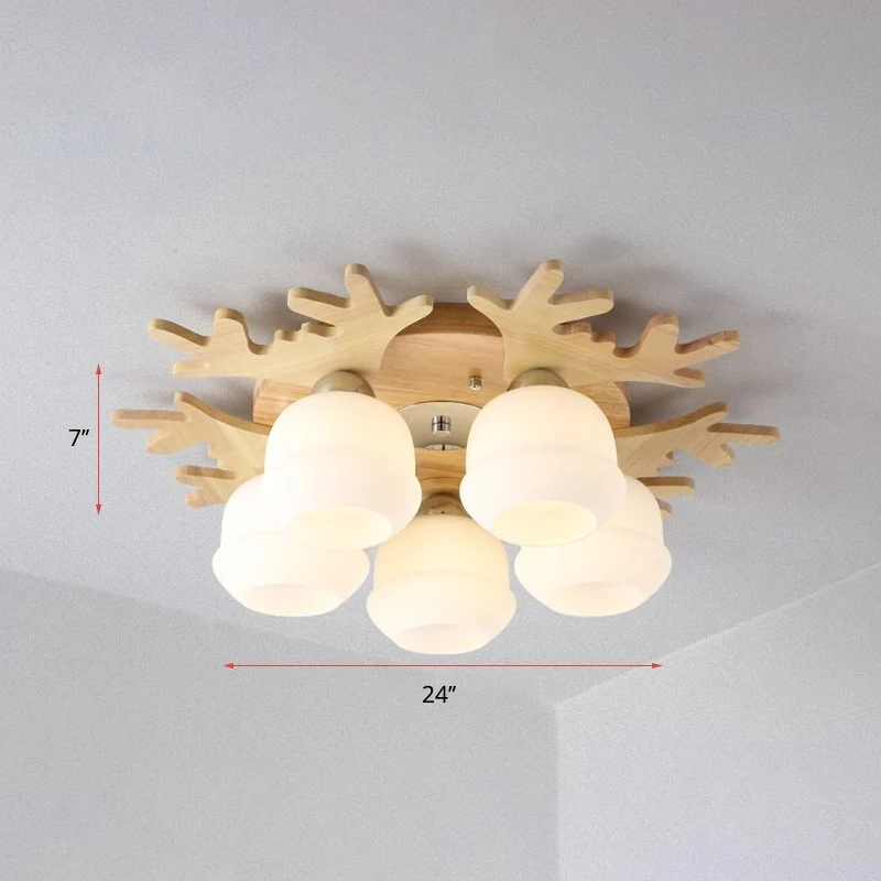 Plafonnier en verre opale, style nordique, luminaire encastré en bois avec décor en bois de cerf Montage mural inclus