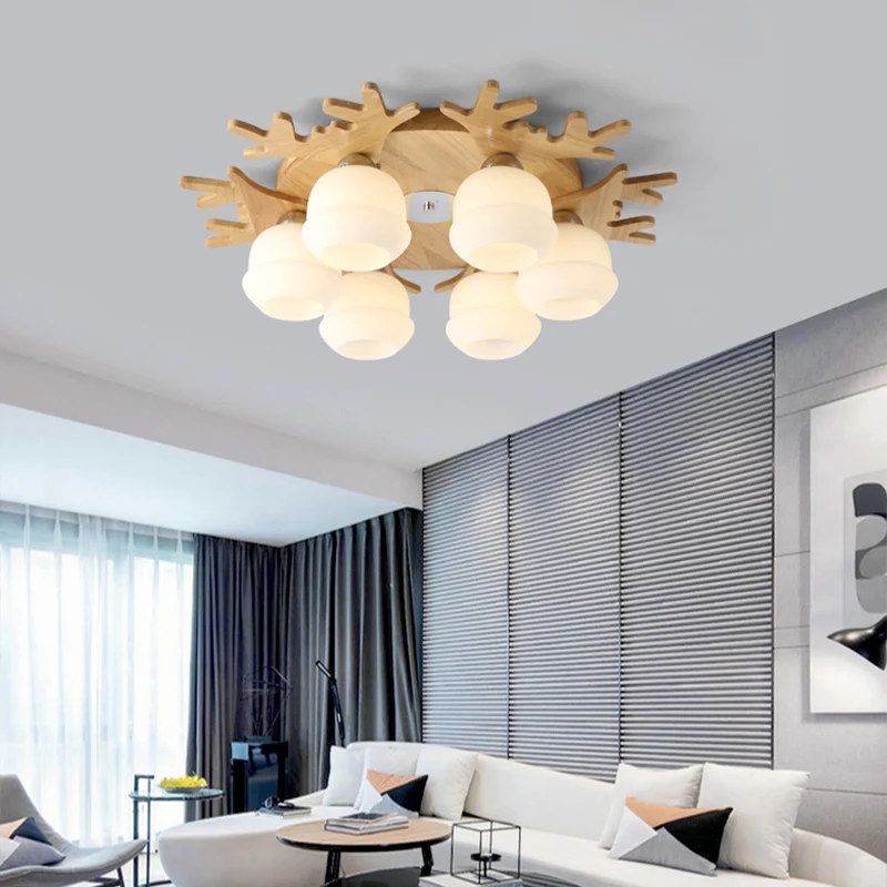 Plafonnier en verre opale, style nordique, luminaire encastré en bois avec décor en bois de cerf pour archives