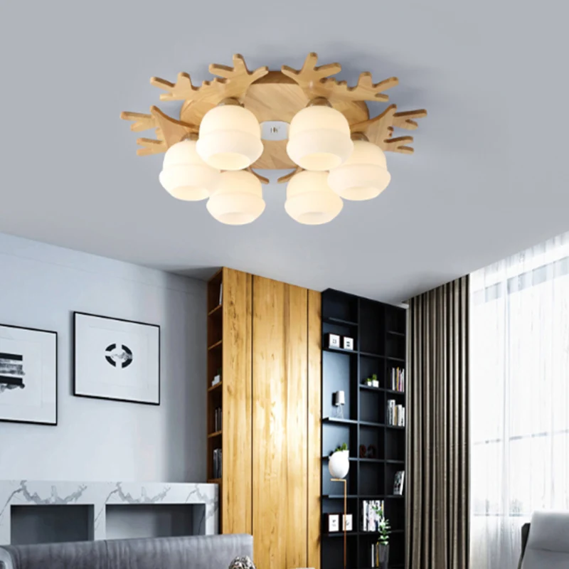 Plafonnier en verre opale, style nordique, luminaire encastré en bois avec décor en bois de cerf pour archives