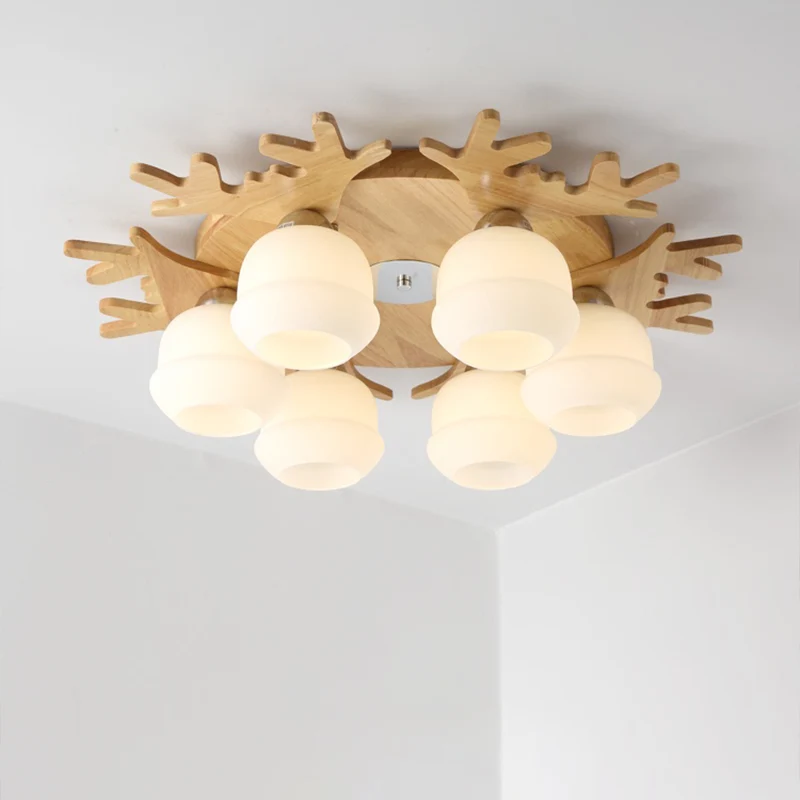 Plafonnier en verre opale, style nordique, luminaire encastré en bois avec décor en bois de cerf pour archives
