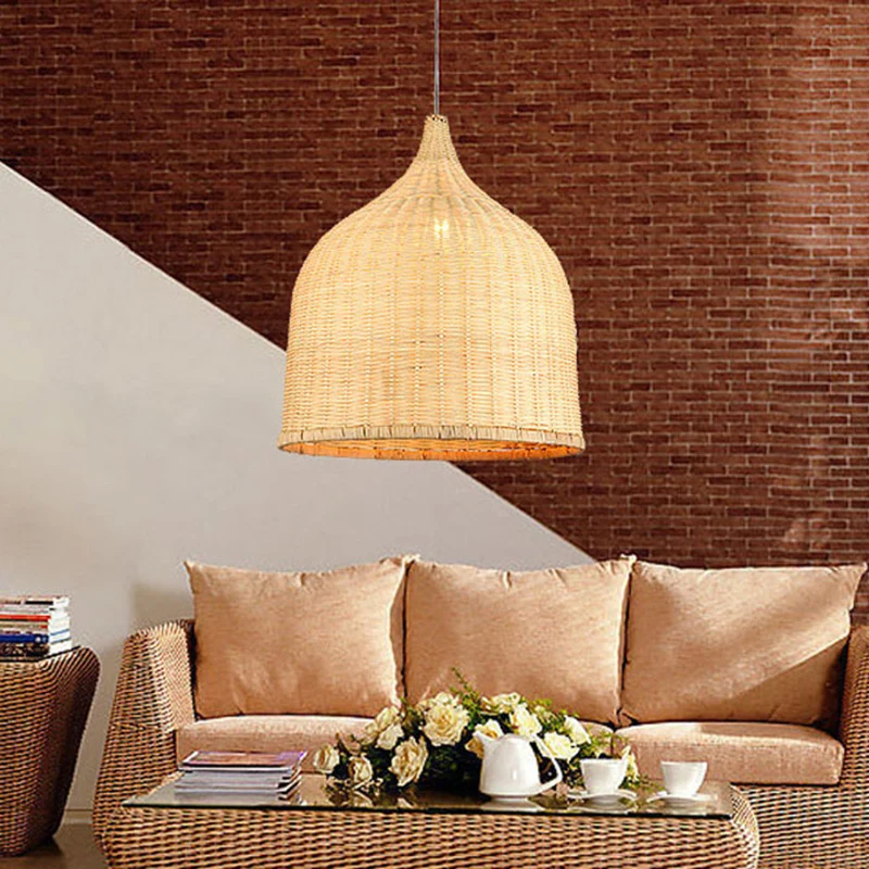 11"/14"/18" W 1 lampe à suspension de salon plafonnier suspendu beige tendance avec abat-jour en bambou panier