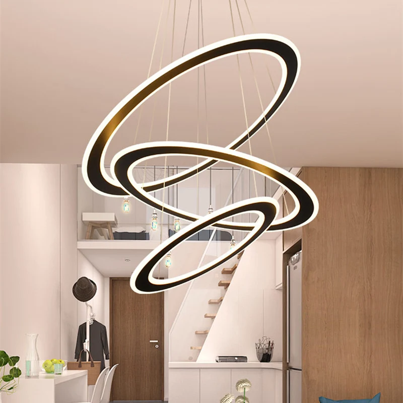 Élégant Design Ergonomique Lampe de lustre circulaire LED Art déco en métal pour escalier, plafonnier suspendu en noir