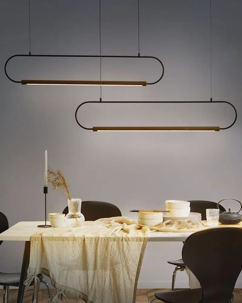 Professionnel Haute Qualité Lampe suspendue à 2 lumières LED en métal noir et bois évident LOGONE