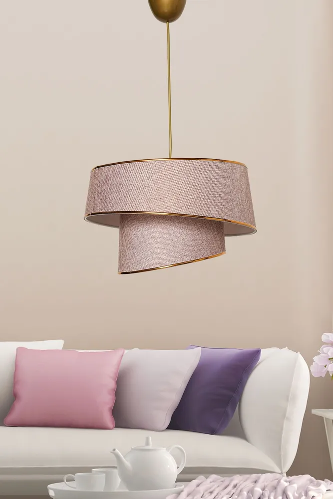 Suspension 2 cylindres biscornus Inconditus Ø32cm Tissu Rose et Métal Or | Livraison Rapide