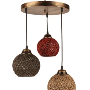 Suspension 3 lampes escalier Brax D32cm Métal Or antique et Coton Marron Chamois et Orange