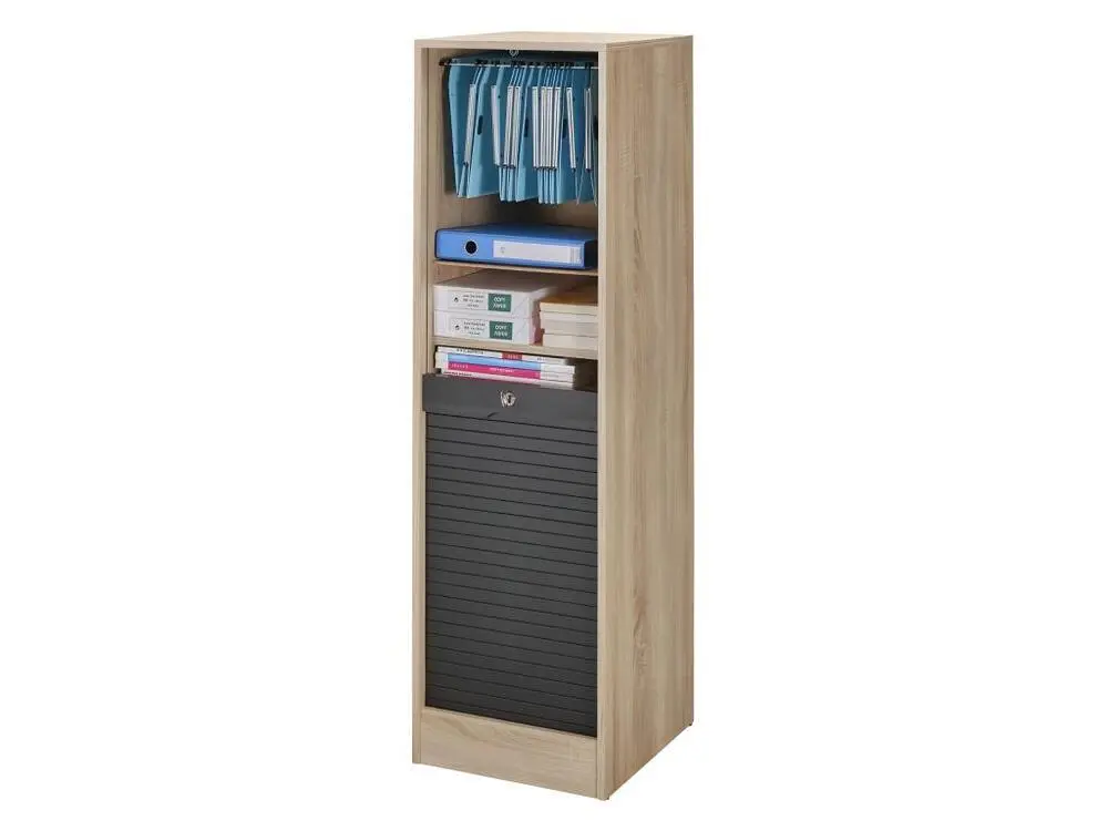 Classeur à Rideau 140 cm Largeur 41 cm - Coloris: Chêne + Rideau Noir