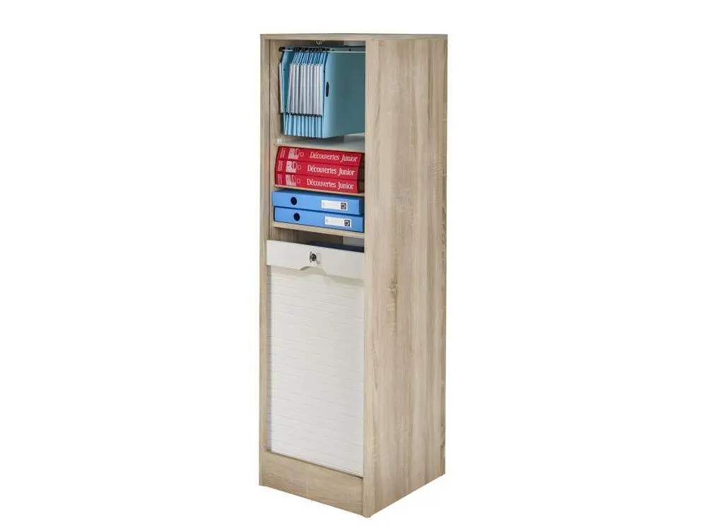 Classeur à Rideau 140 cm Largeur 41 cm - Coloris: Chêne + Rideau Blanc