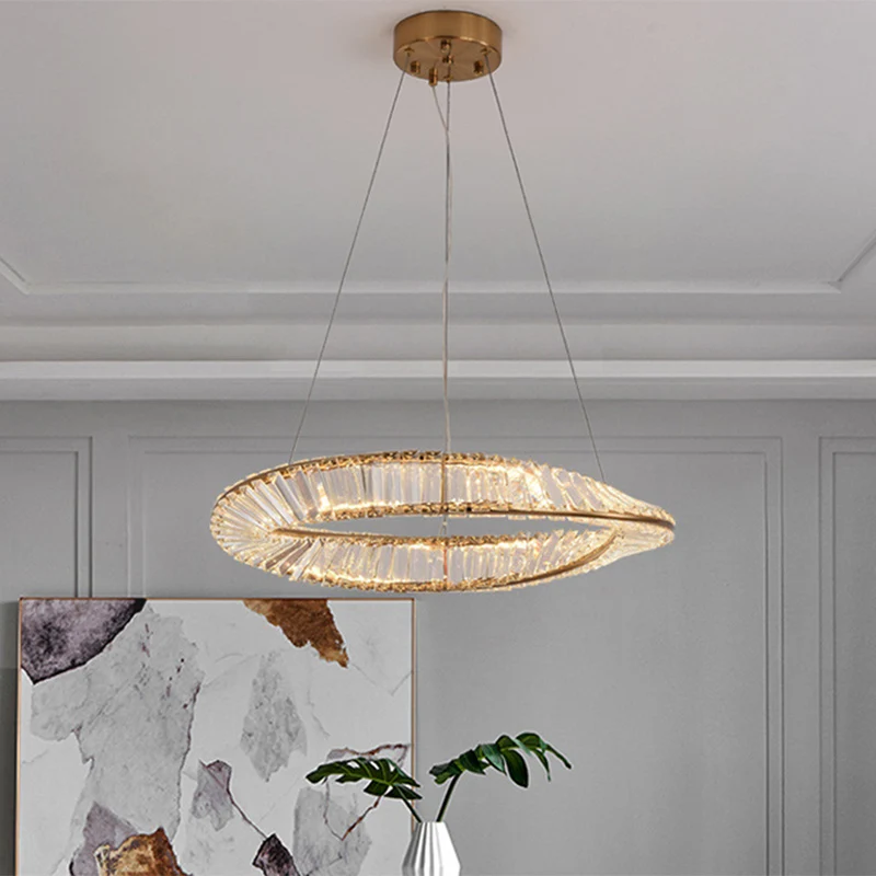 Lustre en forme d'anneau torsadé, suspension novateur en cristal LED en laiton pour salle à manger