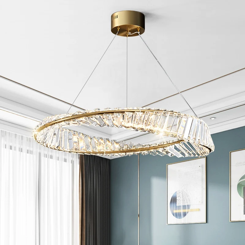 Lustre en forme d'anneau torsadé, suspension novateur en cristal LED en laiton pour salle à manger