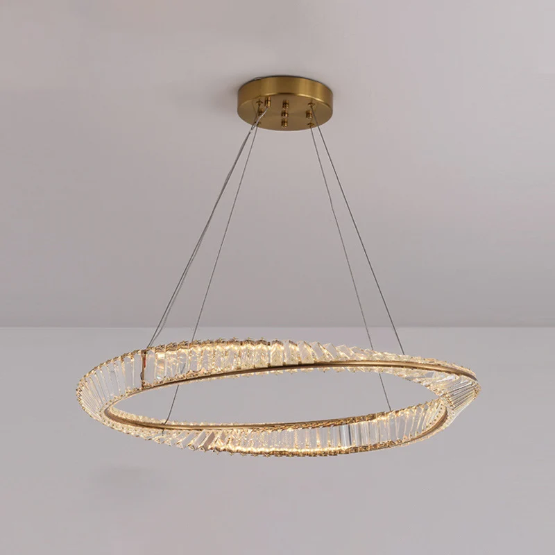 Lustre en forme d'anneau torsadé, suspension novateur en cristal LED en laiton pour salle à manger