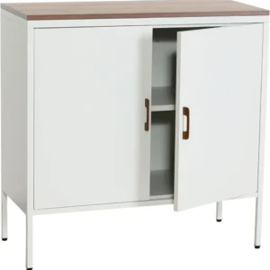 Commode meuble de rangement bureau buffet 2 portes métal 90x90x40cm mélaminé blanc plateau MDF 2 compartiments avec portes...
