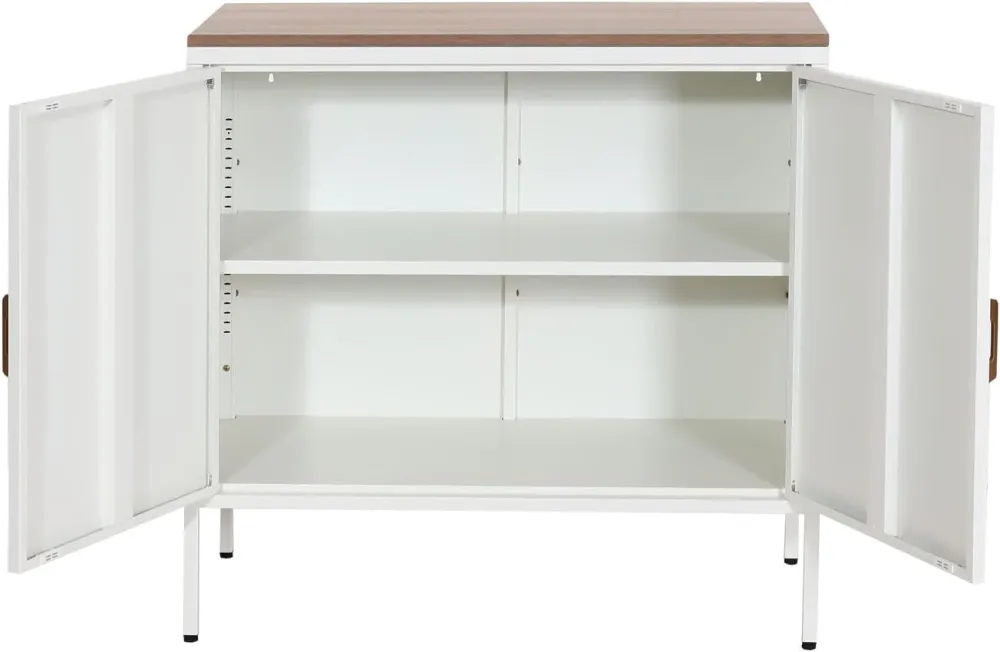 Commode meuble de rangement bureau buffet 2 portes métal 90x90x40cm mélaminé blanc plateau MDF 2 compartiments avec portes...