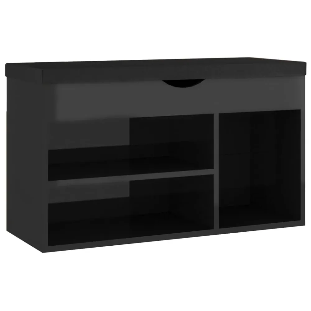 Banc à chaussures bottes commode étagère meuble entrée rangement et coussin brillant bois d'ingénierie noir 02_0022957
