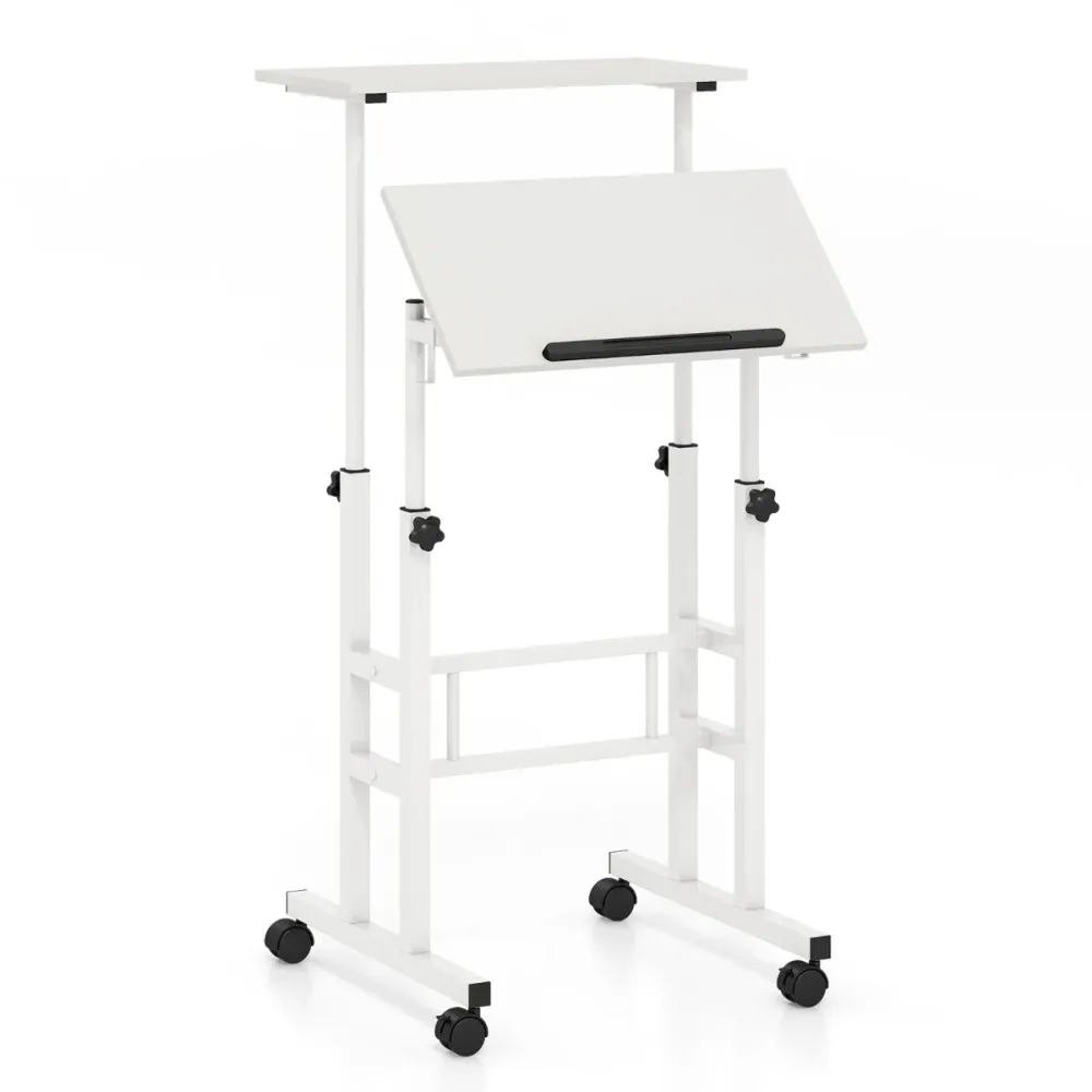 Bureau assis-debout mobile 60 x 30 x 72-124 cm réglable et inclinable design contemporain en MDF blanc 20_0010835 avec sys...