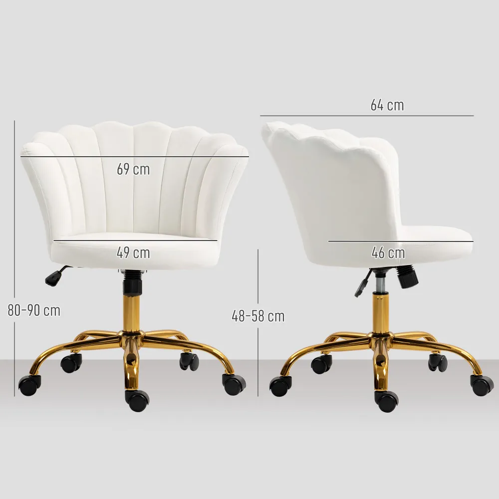 Chaise bureau en velours, chaise coiffeuse avec dossier en pétale, hauteur réglable, fonction bascule, assise rembourrée e...