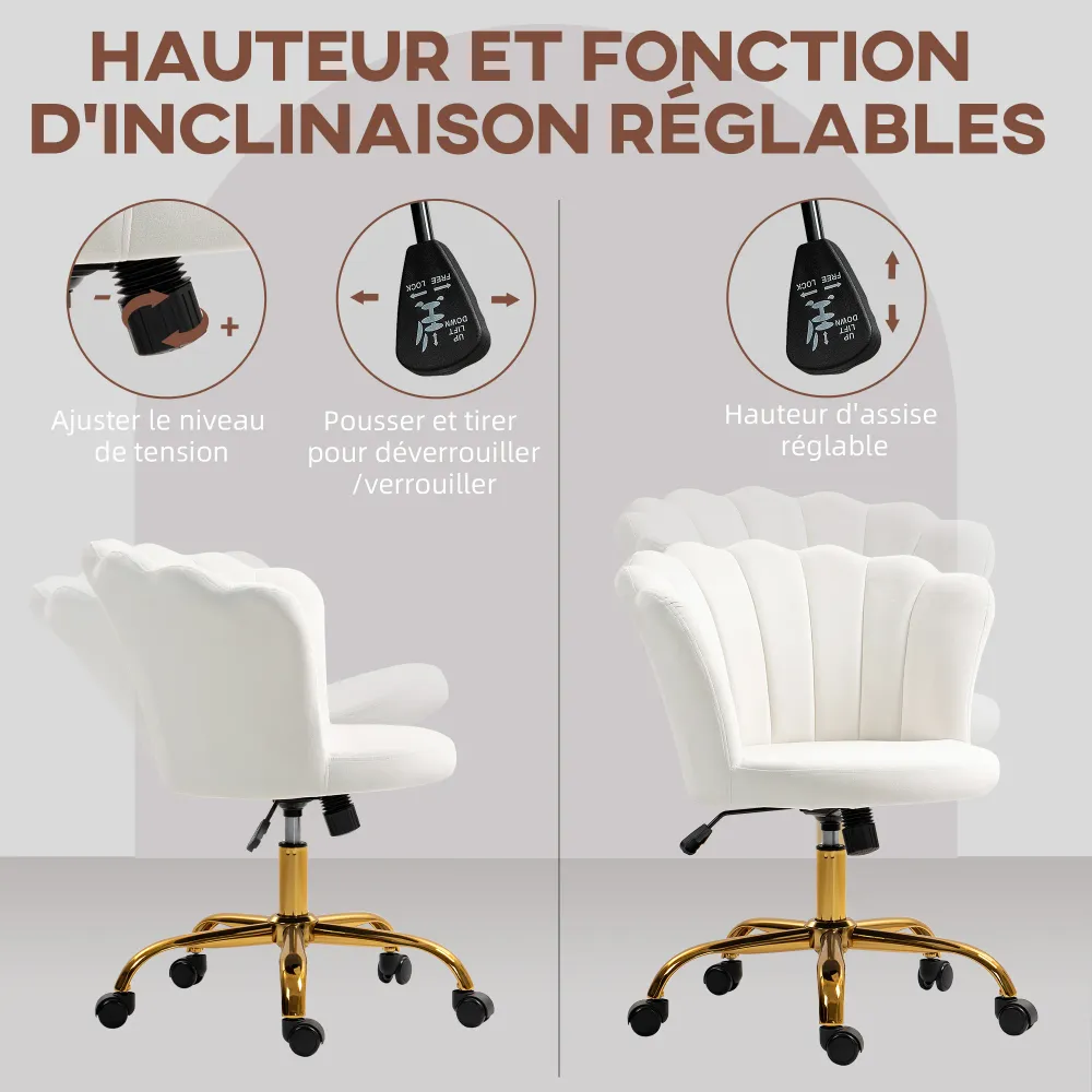 Chaise bureau en velours, chaise coiffeuse avec dossier en pétale, hauteur réglable, fonction bascule, assise rembourrée e...