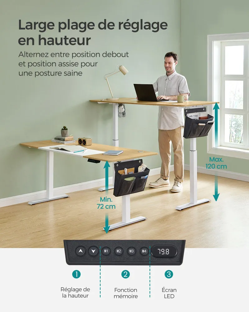 Kit d'assemblage pour Bureau assis debout électrique 70 x 160 x (72-120) cm table réglable en hauteur mémoire 4 hauteurs p...