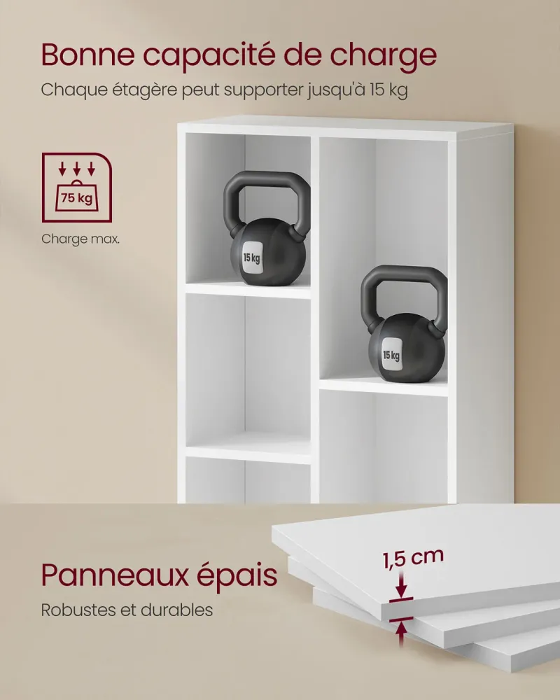 Bibliothèque à 5 casiers étagère de rangement colonne de rangement dimensions 50 x 24 x 80 cm blanc 12_0004197