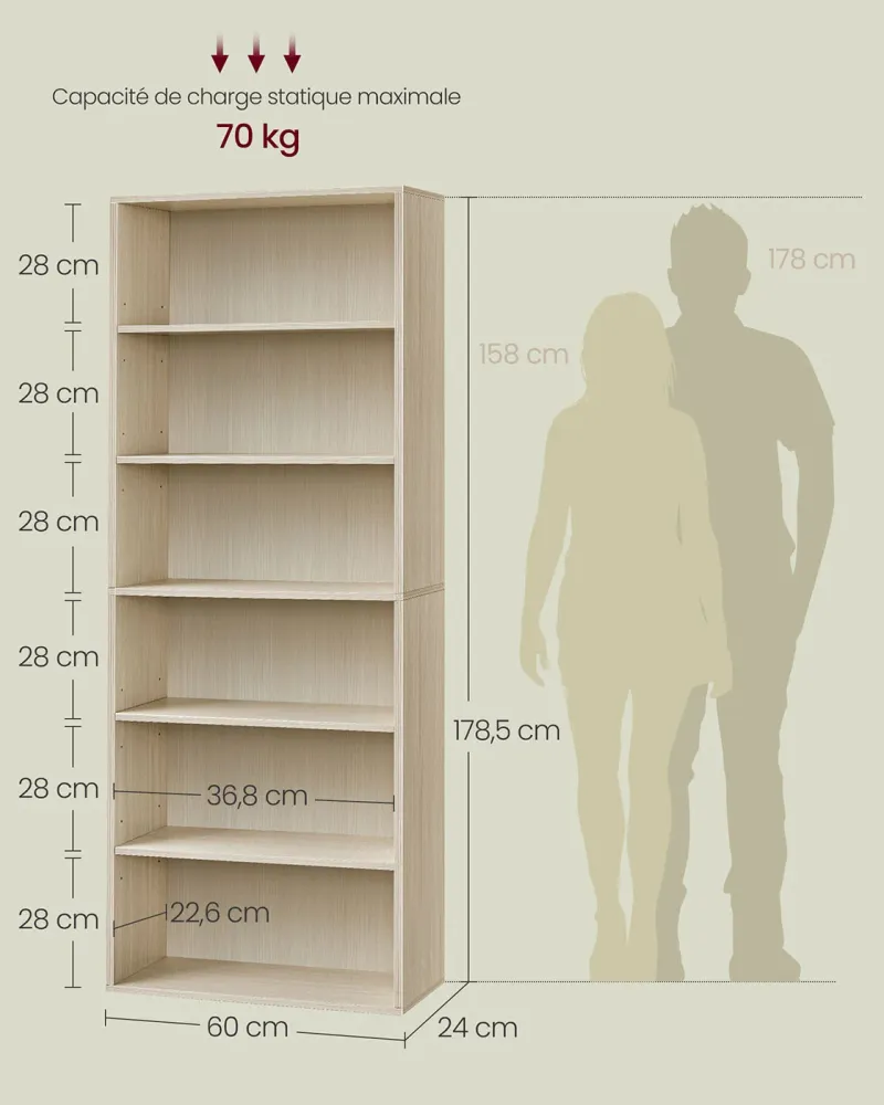 Bibliothèque étagère de rangement 6 niveaux meuble cube pour salon bureau chambre style scandinave 40 x 24 x 1785 cm natur...