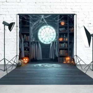 Toile de fond Sweep Halloween Fenêtre Toiles d’Araignée Citrouilles Lumières Bibliothèque MRR8-42