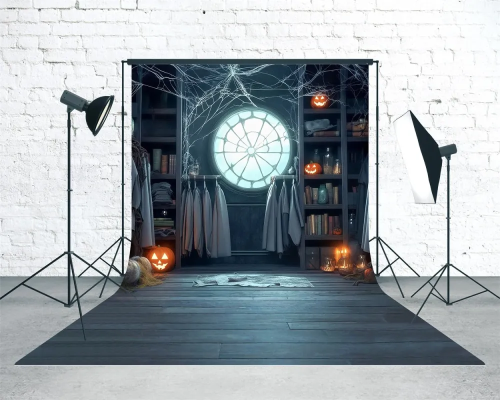 Toile de fond Sweep Halloween Fenêtre Toiles d’Araignée Citrouilles Lumières Bibliothèque MRR8-42