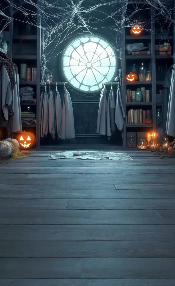 Toile de fond Sweep Halloween Fenêtre Toiles d’Araignée Citrouilles Lumières Bibliothèque MRR8-42
