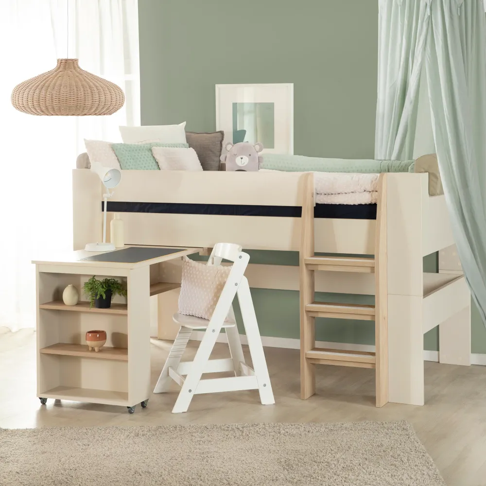 Haute Qualité Hochbett Set 'Studio' - Serie 'Flexi Grow' - Laine duveteuse / Eichen-Dekor