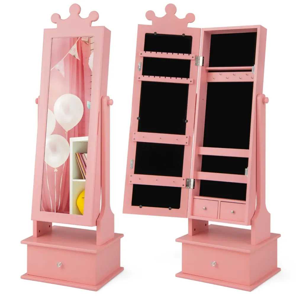 Armoire à bijoux enfants avec miroir 34 x 30 x 103/113 cm design tendance et rangement ergonomique en MDF rose 20_0009851