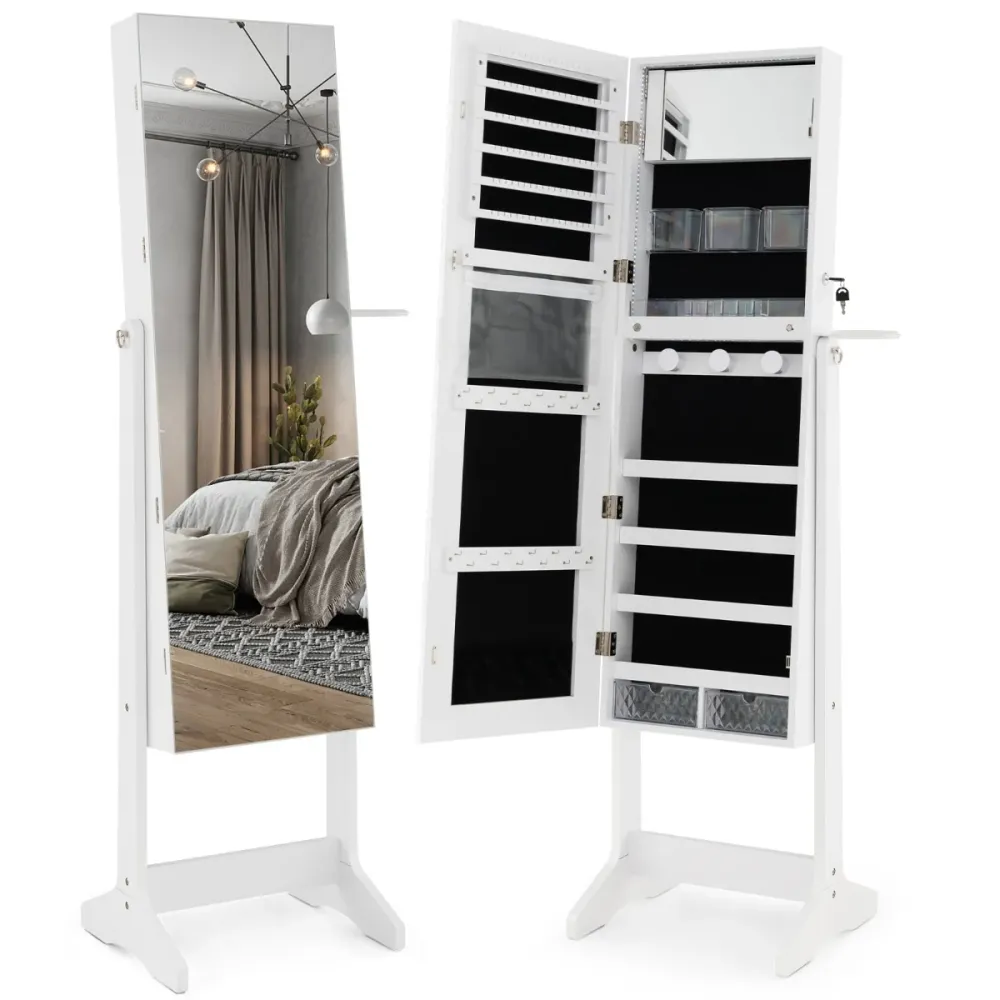 Armoire à bijoux sur pied avec miroir pleine longueur 41 x 36,5 x 156 cm rangement optimal design contemporain en MDF blan...