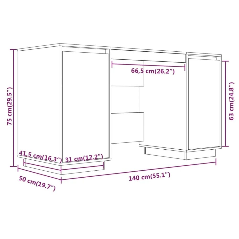 Bureau table poste de travail meuble d'ordinateur informatique étude 140 x 50 x 75 cm bois massif de pin brun 02_0023378