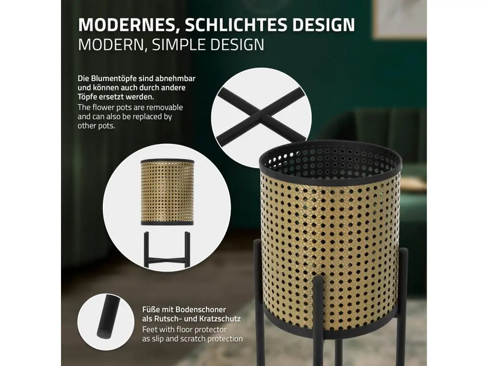 ML-Design Porte-fleurs set de 2 pièces noir-or 16,5x16,5x80,5 cm/19x19x90 cm, acier, support de pots de fleurs avec cache-...