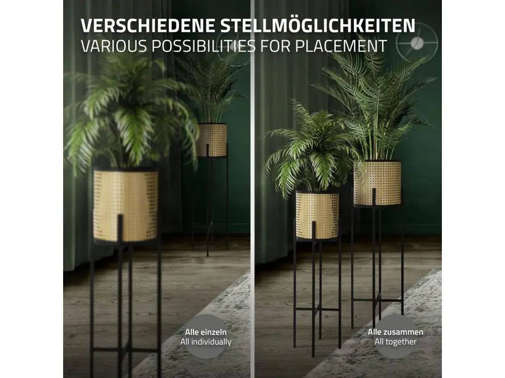 ML-Design Porte-fleurs set de 2 pièces noir-or 16,5x16,5x80,5 cm/19x19x90 cm, acier, support de pots de fleurs avec cache-...