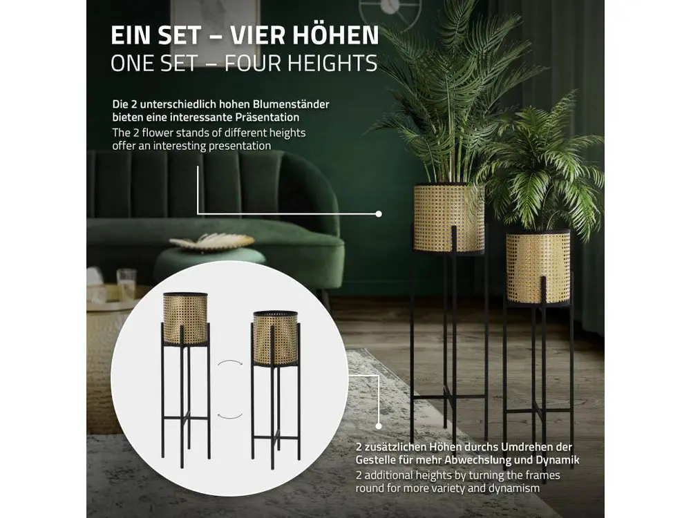 ML-Design Porte-fleurs set de 2 pièces noir-or 16,5x16,5x80,5 cm/19x19x90 cm, acier, support de pots de fleurs avec cache-...