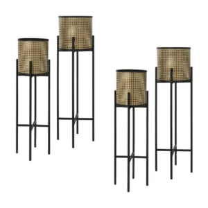 ML-Design Porte-fleurs set de 4 pièces noir-or 16,5x16,5x80,5 cm/19x19x90 cm, acier, support de pots de fleurs avec cache-...