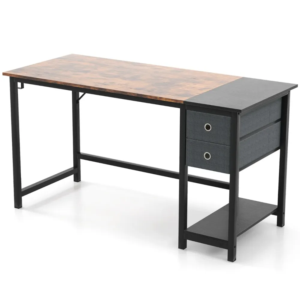Support pour écran Bureau de 140 cm poste de travail informatique actuel avec 2 tiroirs crochet de suspension étagère de r...