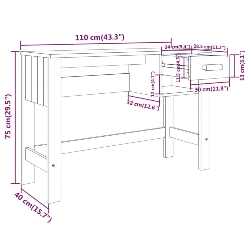 Bureau table poste de travail meuble d'ordinateur informatique étude HAMAR obscur 110 x 40 x 75 cm bois massif de pin gris...