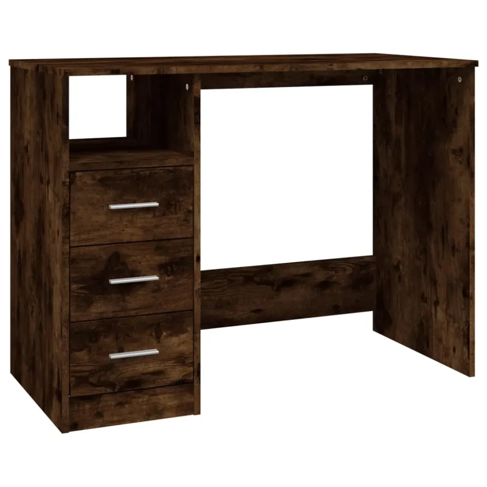 Bureau table poste de travail meuble d'ordinateur informatique étude avec tiroirs chêne fumé 102 x 50 x 76 cm bois d'ingén...