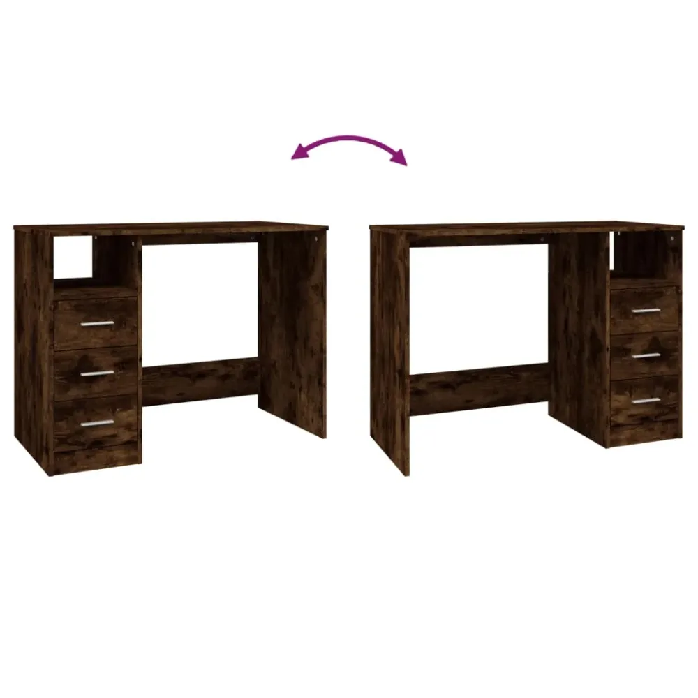 Bureau table poste de travail meuble d'ordinateur informatique étude avec tiroirs chêne fumé 102 x 50 x 76 cm bois d'ingén...
