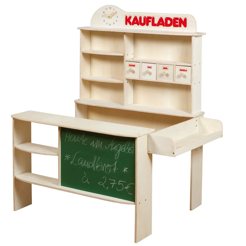 Kaufladen, Holz natur, Verkaufsstand mit 4 Schubladen, Uhr, Tafel, Theke & Seitentheke avec fixation murale