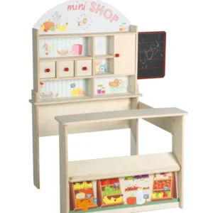 Présentoir à brochures Kaufladen 'Minishop', Holz natur, mit Theke, Tafel, Schiebetür & Markststand-Druck