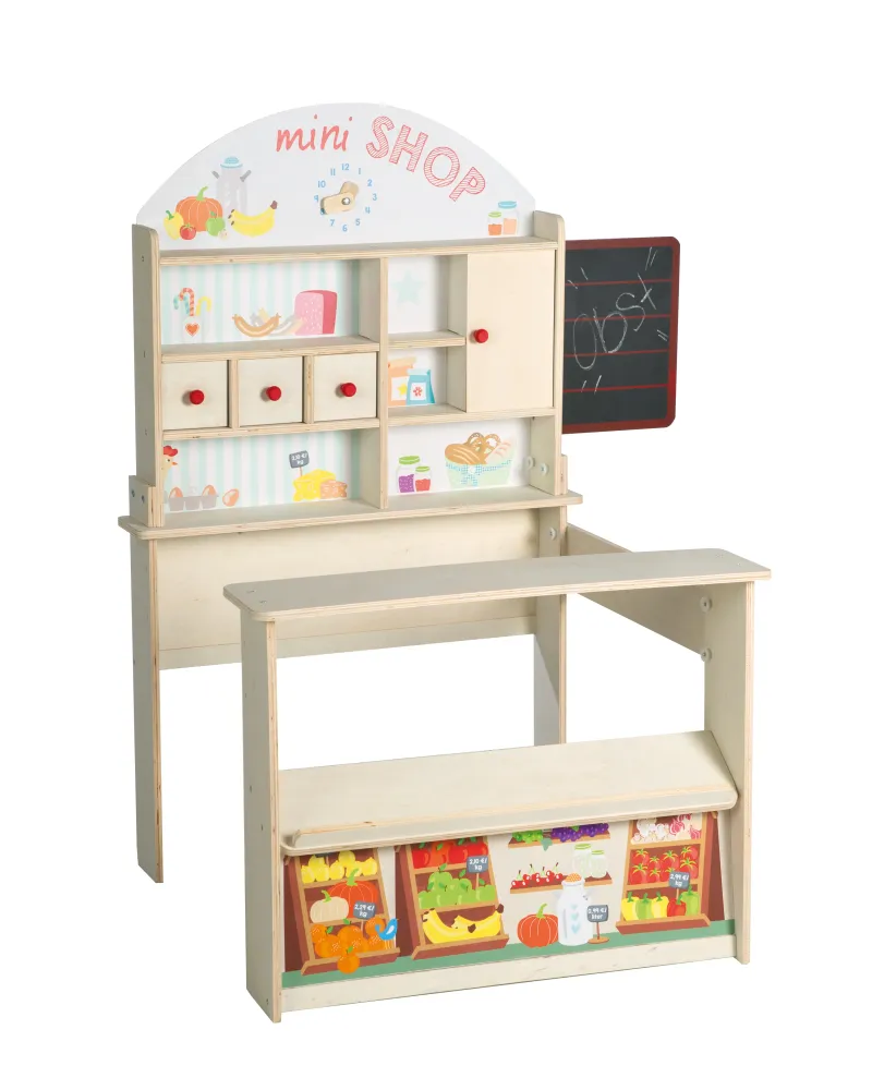 Présentoir à brochures Kaufladen 'Minishop', Holz natur, mit Theke, Tafel, Schiebetür & Markststand-Druck