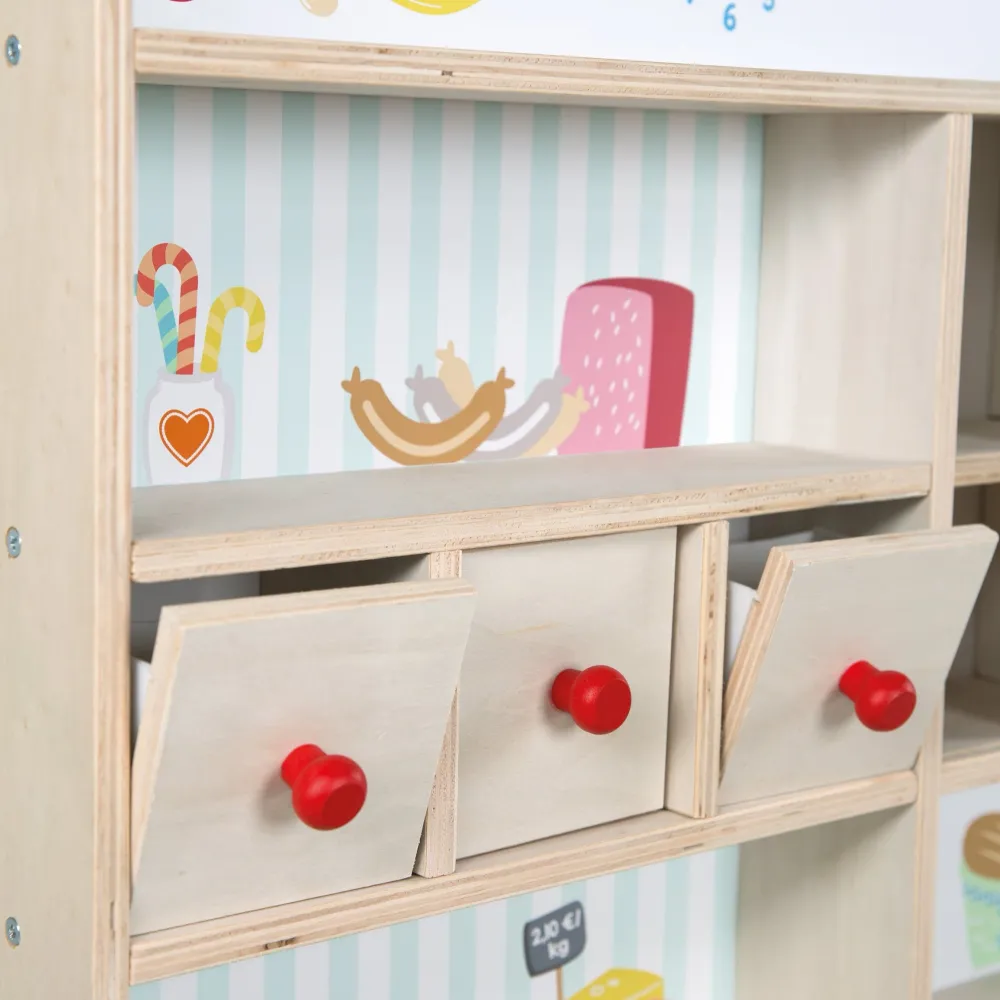 Présentoir à brochures Kaufladen 'Minishop', Holz natur, mit Theke, Tafel, Schiebetür & Markststand-Druck