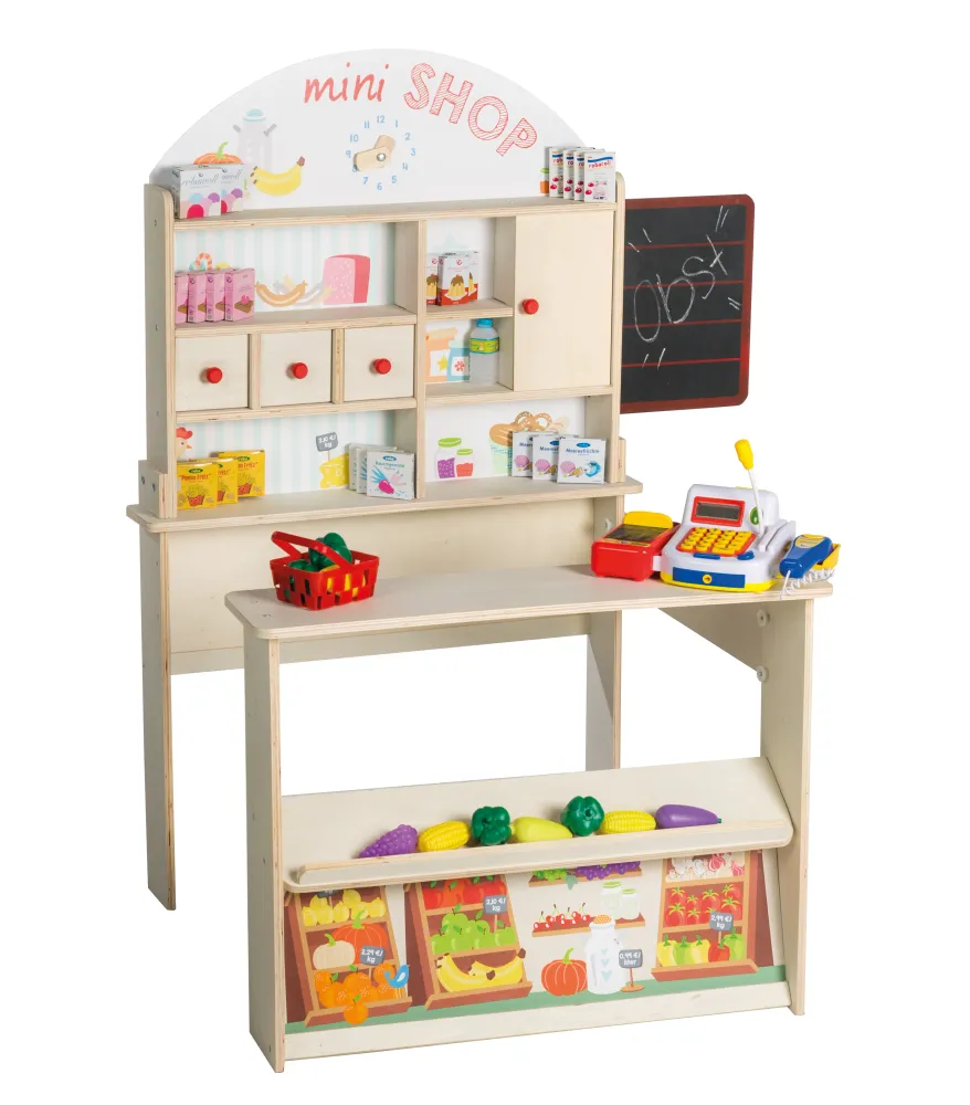 Présentoir à brochures Kaufladen 'Minishop', Holz natur, mit Theke, Tafel, Schiebetür & Markststand-Druck