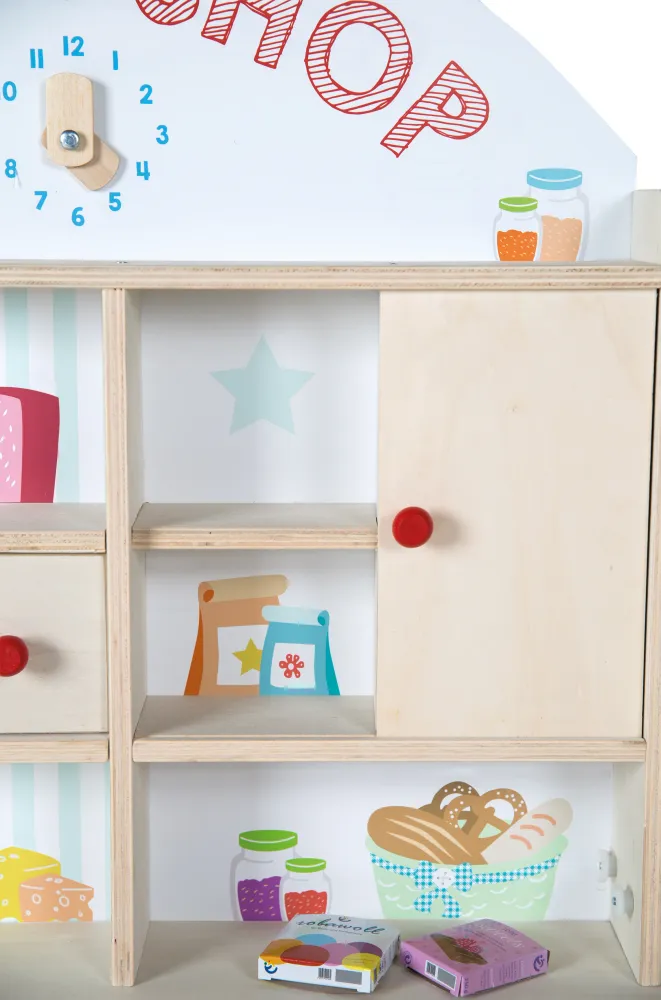 Présentoir à brochures Kaufladen 'Minishop', Holz natur, mit Theke, Tafel, Schiebetür & Markststand-Druck