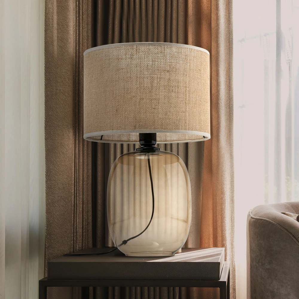 Présentoir à cartes Lampe à poser Melody, hauteur 48 cm, verre brun, jute naturel