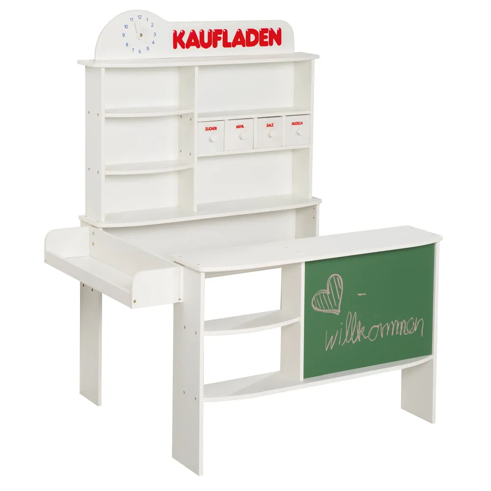 Résistant aux Intempéries - Kaufladen, Holz weiß, Verkaufsstand, 4 Schubladen, Uhr, Tafel, Theke, Seitentheke
