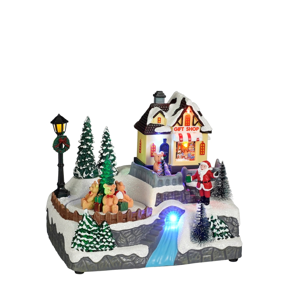Scène de Noël animée sur batterie, magasin et cadeaux - H.16,5cm résistant aux intempéries