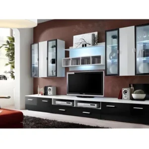 Bureau Évolutif Ensemble meuble salon Quadro blanc et noir de haute brillance avec LED