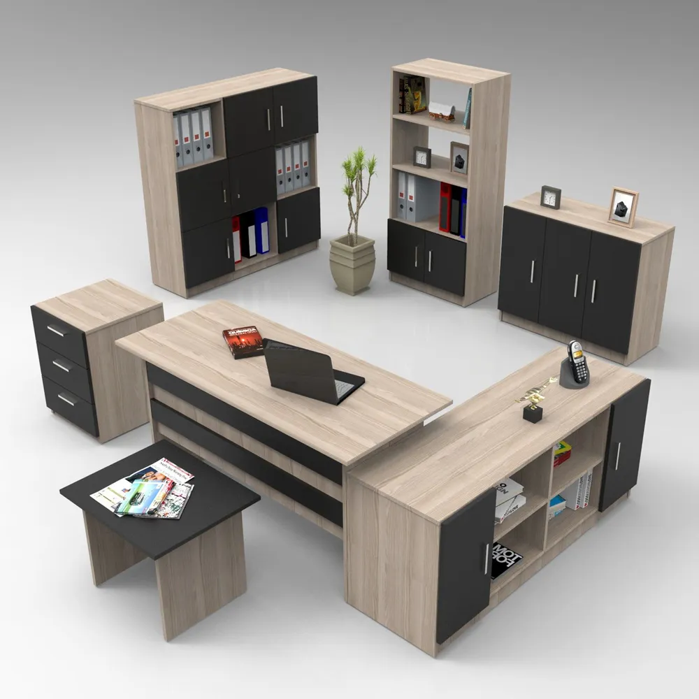 Design Modulable Ensemble de bureau 7 pièces Busymo Chêne évident et Noir