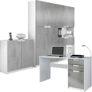 Design Modulable Ensemble de Meubles de Bureau Corps en Blanc Mat/Façades en Aspect Béton Oxyde